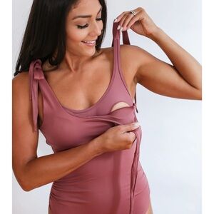 One piece tie shoulder nursing swimsuit